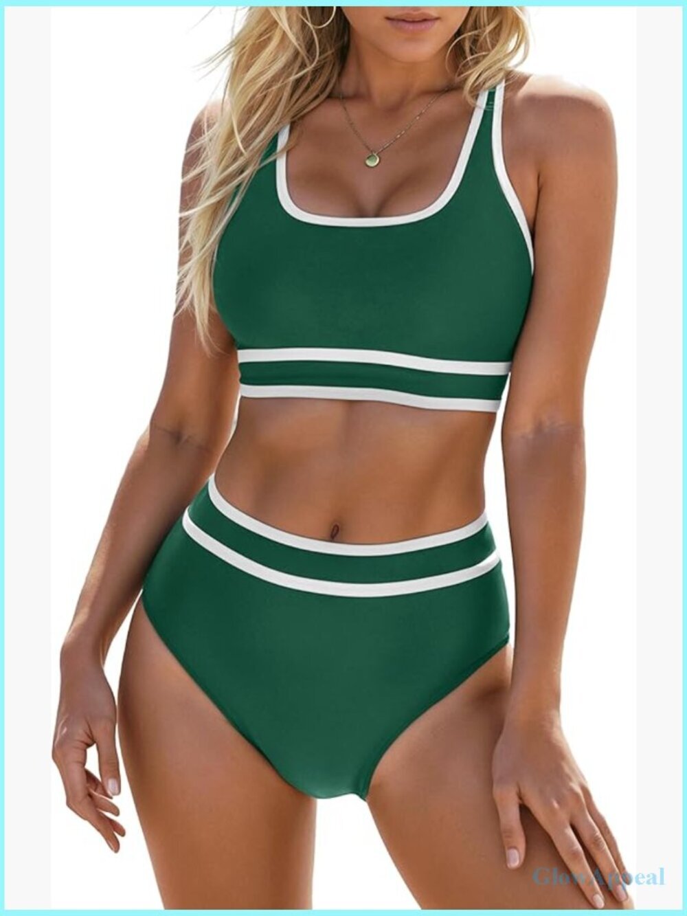 High Waist Bikini Sets Sporty Color Block Two Piece Swimsuits Scoop Neck Cheeky